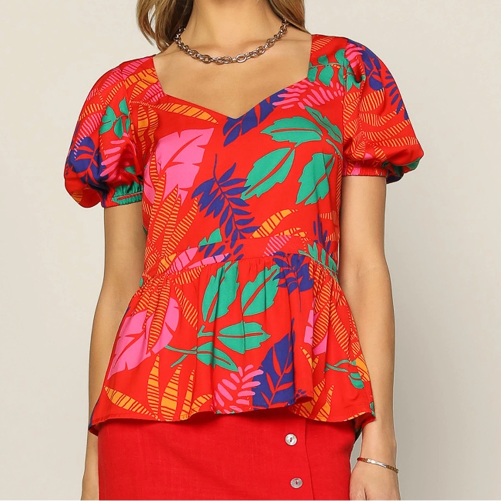 Red tropical print top with peplum Skies are Blue
